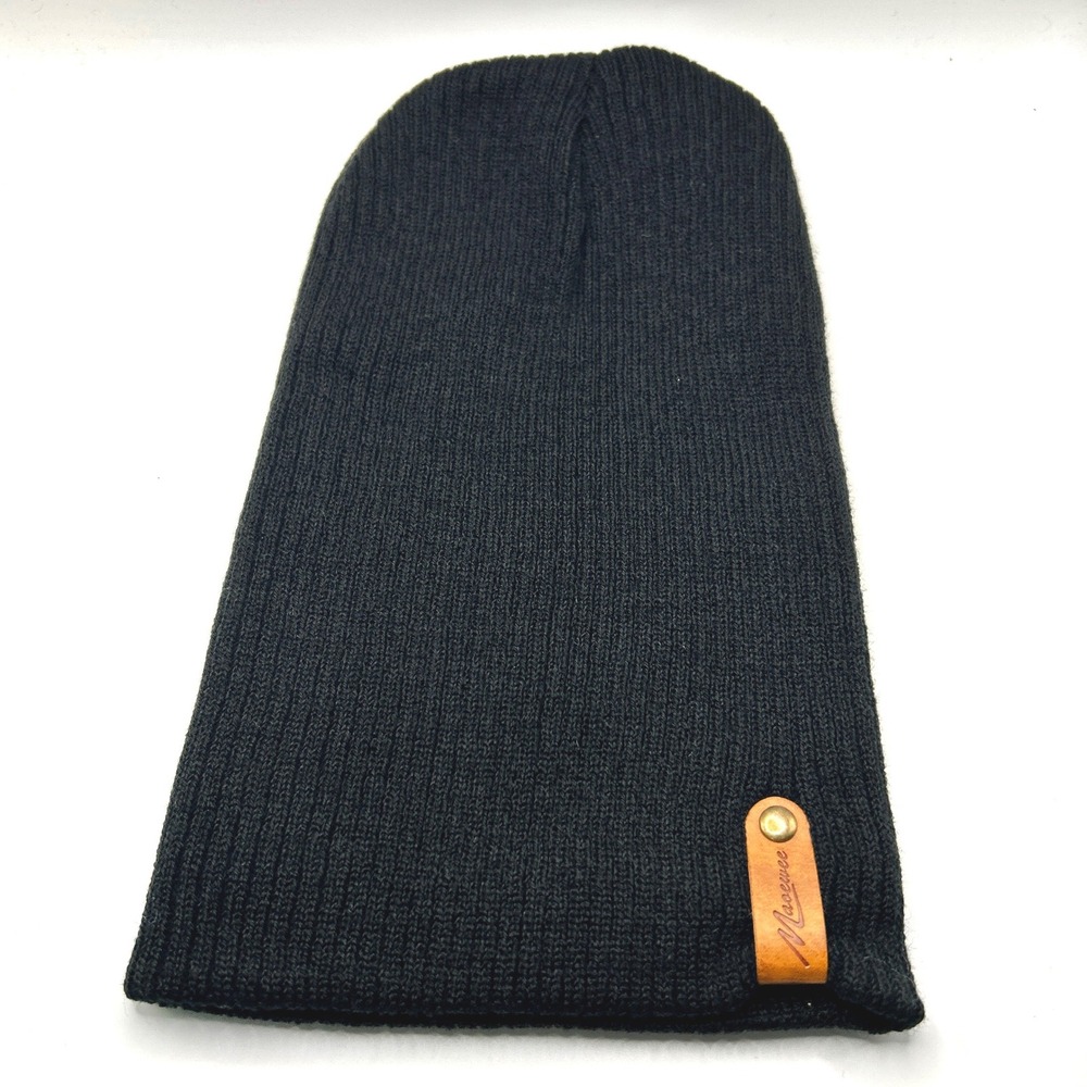 Maoewee Beanie Hat Unisex OS Black Leather Patch Ribbed Knit Skull Cap Slouchy